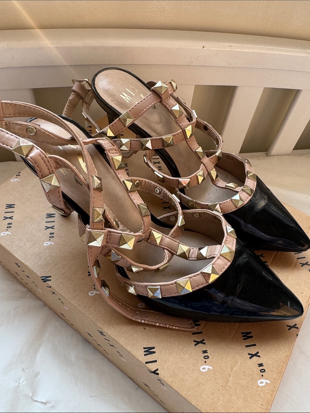 Studded Two-Tone Pointed Toe Slingback Heels - Black & Nude